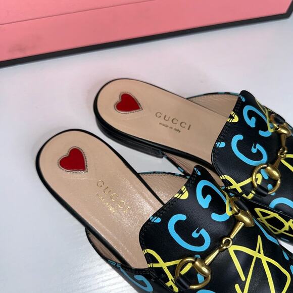 Gucci Horse Bit Princetown Mules in Graffiti/Ghost Print Size EU 37 Blue/Yellow - Picture 5 of 7